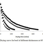 Figure 4: Drying curve for beef of different thicknesses at 60°C.