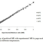 Figure 8:Comparison of predicted MR with experimental MR by page model for beef of 5.0mm slice thickness dried at different temperatures.