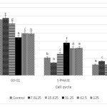 Figure 3: Effect of ethanol extract of Coleus tuberosus flesh on cell cycle arrest. T47D cells were treated with 0 (control), 7.8125, 15.625, 31.25, 62.5, and 125 µg/ml of peel extract for 24 h, after which the cells were stained with PI and analyzed for DNA content by flow cytometer. Means followed by different letters differ statistically (p < 0.05). 