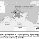 Figure 1: Map showing distribution of T. ferdinandiana (as plotted using tree records from Atlas of Living Australia) and approximate locate of study site at Charles Darwin University, Darwin, Northern Territory, Australia.