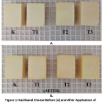 Figure 1: Kashkaval Cheese Before (A) and After Application of Edible Films of 1% CMC with Three Types of 1% Propolis Ethanolic Extracts (B) on Day 0 of the Storage.